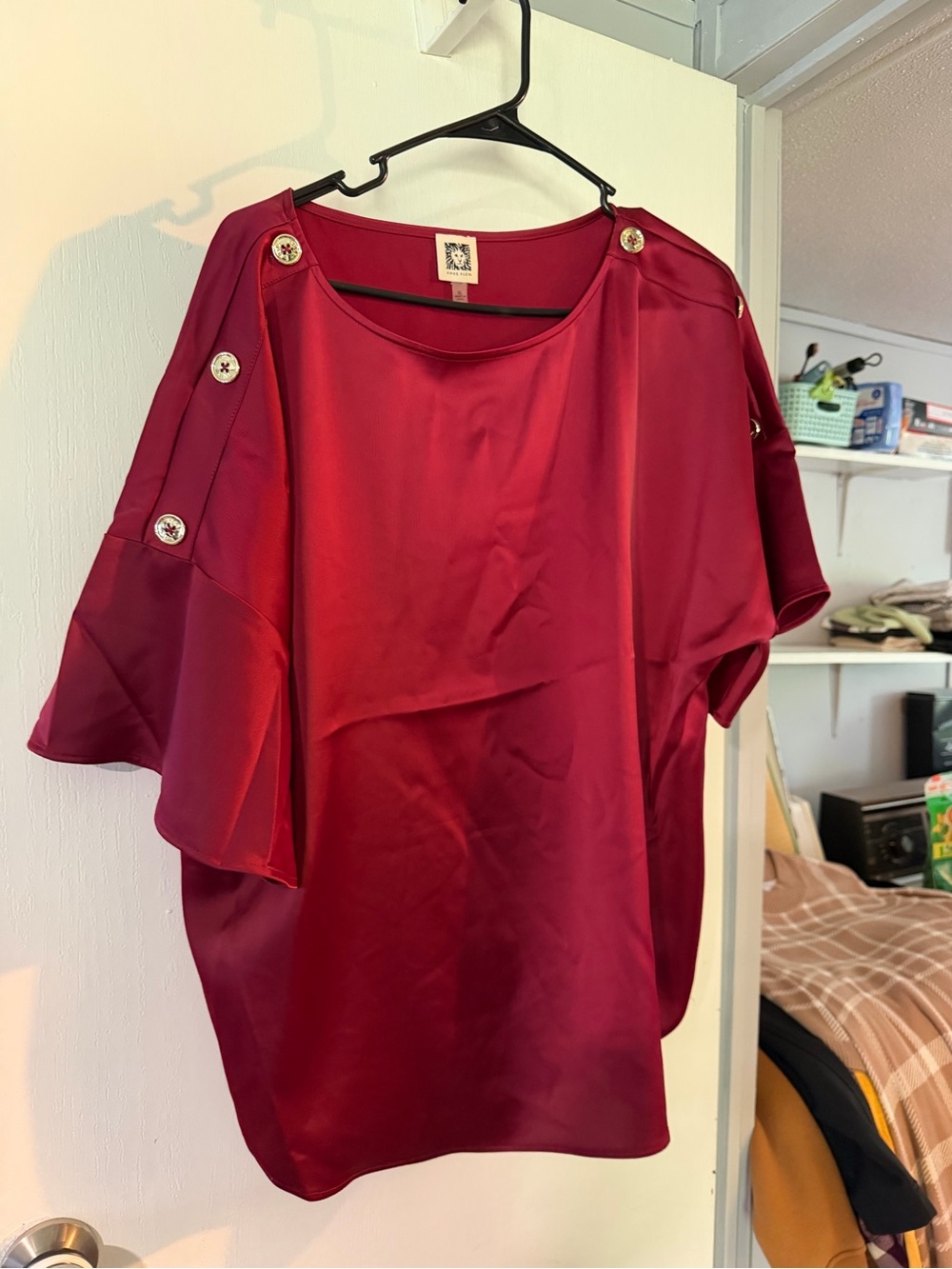 Anne Klein Burgundy Satin Button-Accent Blouse